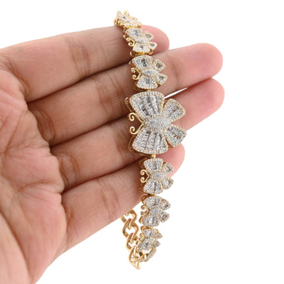 10K Yellow gold 3.45CT Natural Diamond Baguette/Round Butterfly and Cuban Link Bracelet Women 7" - Elite Jewelers - Bracelets