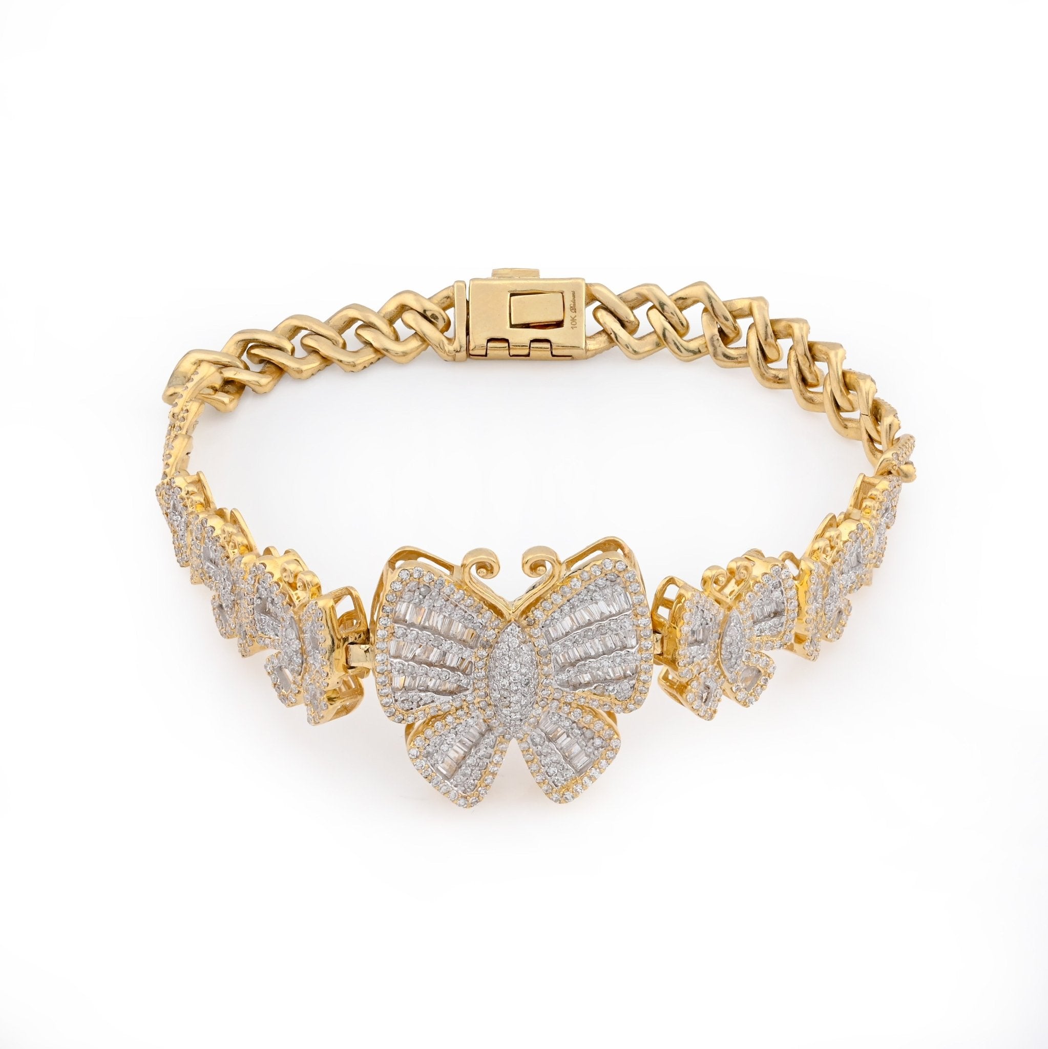 10K Yellow gold 3.45CT Natural Diamond Baguette/Round Butterfly and Cuban Link Bracelet Women 7" - Elite Jewelers - Bracelets