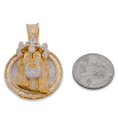 10K Yellow Gold 3.45CT Round/Baguette Natural Diamond Round SHape Jesus Head Cross Crown Pendant - Elite Jewelers-Charms & Pendants