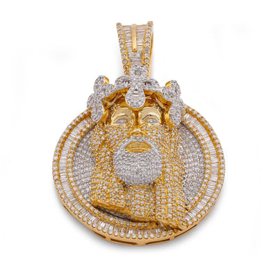 10K Yellow Gold 3.45CT Round/Baguette Natural Diamond Round SHape Jesus Head Cross Crown Pendant - Elite Jewelers-Charms & Pendants