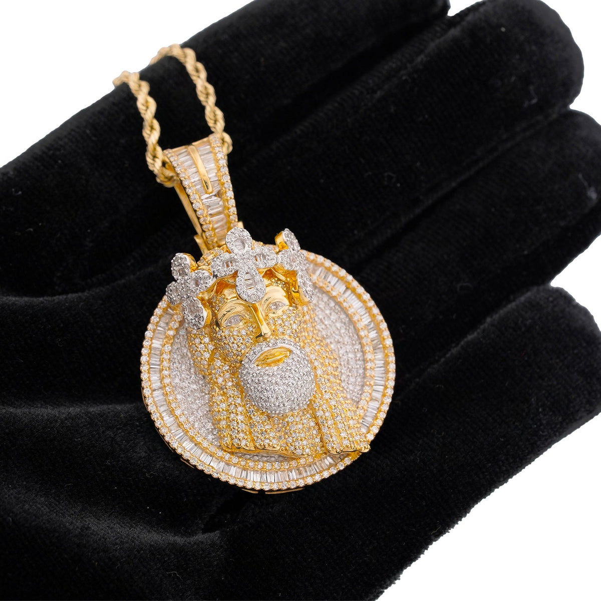 10K Yellow Gold 3.45CT Round/Baguette Natural Diamond Round SHape Jesus Head Cross Crown Pendant - Elite Jewelers-Charms & Pendants