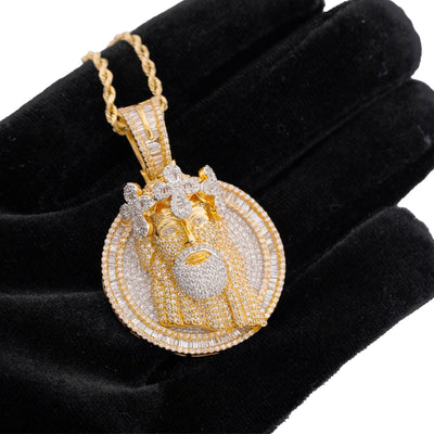 10K Yellow Gold 3.45CT Round/Baguette Natural Diamond Round SHape Jesus Head Cross Crown Pendant - Elite Jewelers-Charms & Pendants