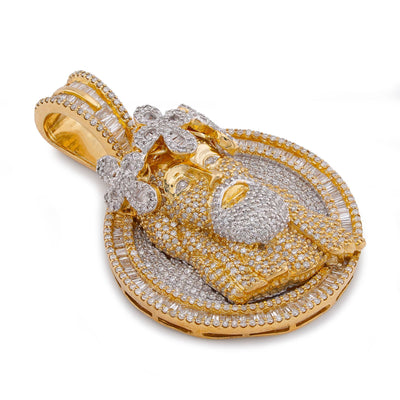 10K Yellow Gold 3.45CT Round/Baguette Natural Diamond Round SHape Jesus Head Cross Crown Pendant - Elite Jewelers-Charms & Pendants
