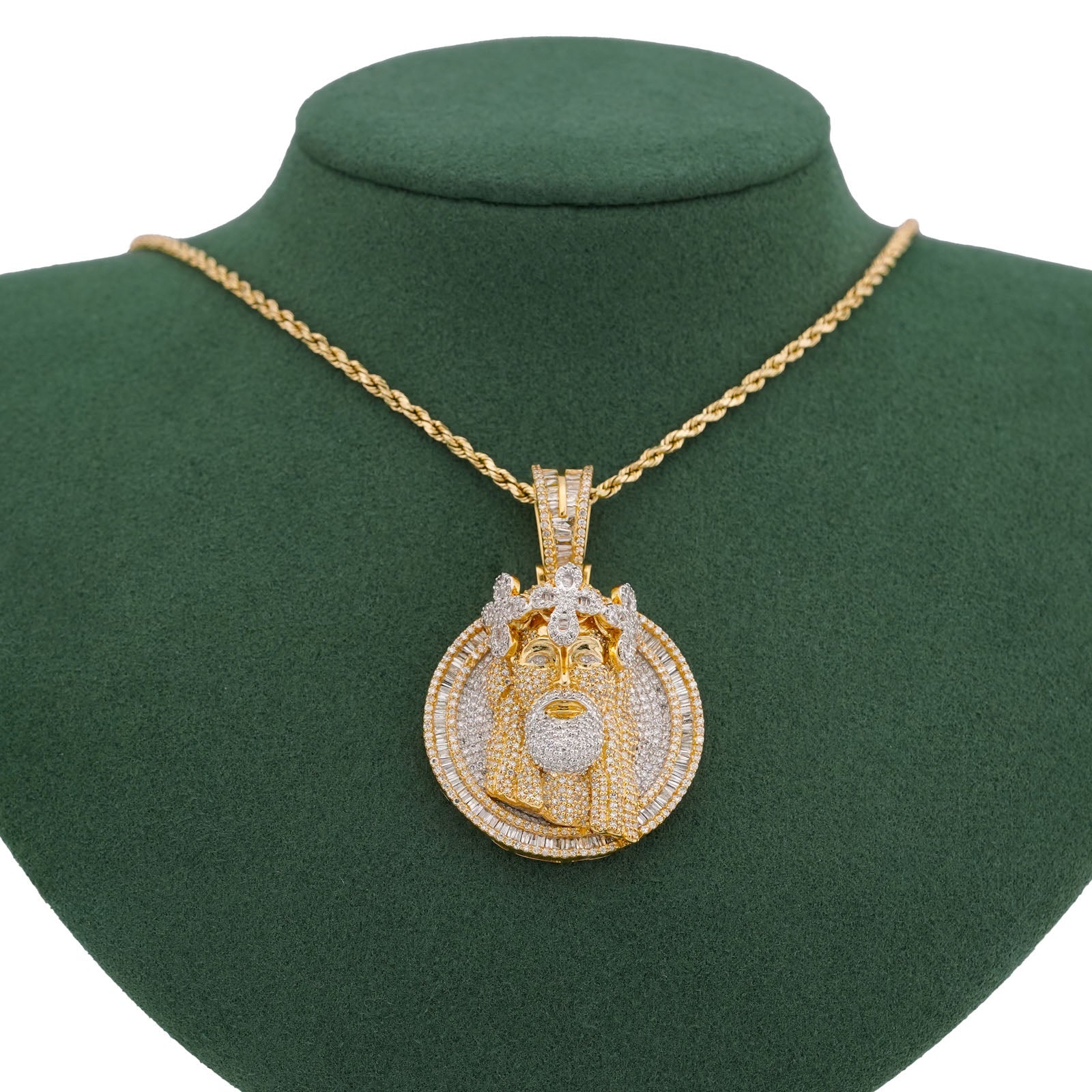 10K Yellow Gold 3.45CT Round/Baguette Natural Diamond Round SHape Jesus Head Cross Crown Pendant - Elite Jewelers-Charms & Pendants