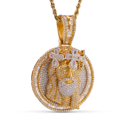 10K Yellow Gold 3.45CT Round/Baguette Natural Diamond Round SHape Jesus Head Cross Crown Pendant - Elite Jewelers-Charms & Pendants
