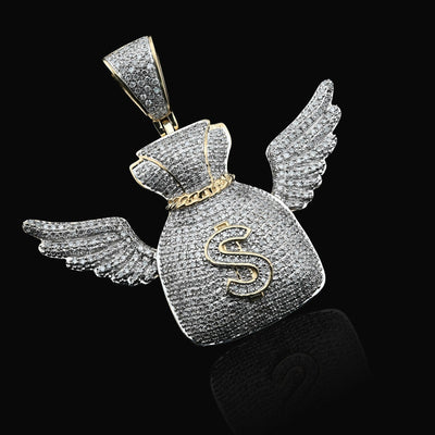 10k Yellow Gold 3.5CTW Natural Diamond Money Bag w/ Wings Pendant 11.6gms Charm - Elite Jewelers - Charms & Pendants