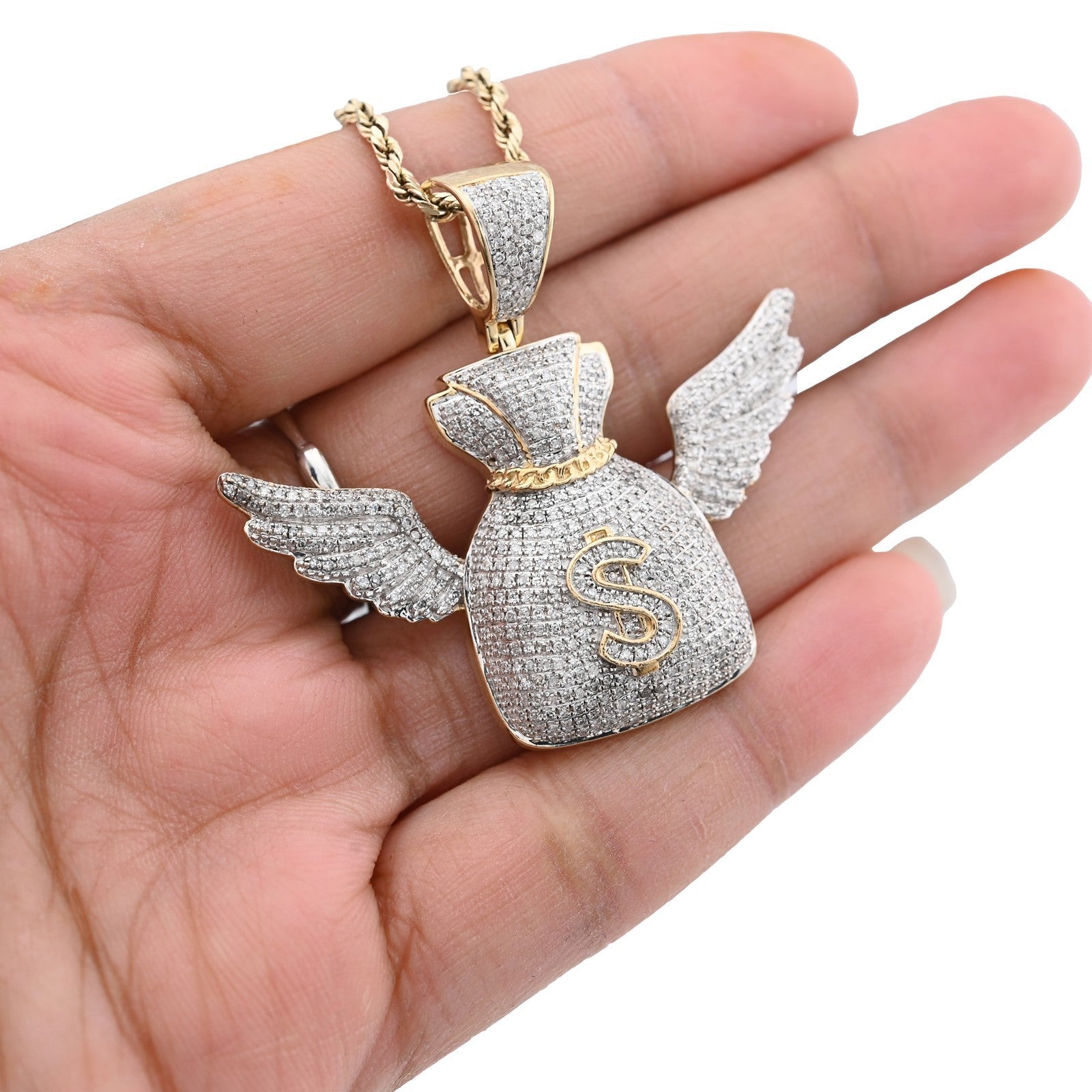 10k Yellow Gold 3.5CTW Natural Diamond Money Bag w/ Wings Pendant 11.6gms Charm - Elite Jewelers - Charms & Pendants