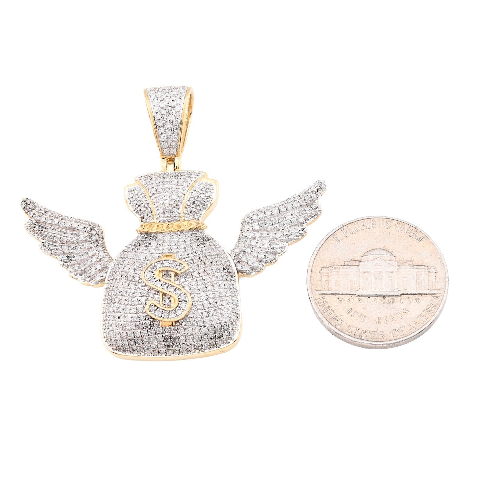 10k Yellow Gold 3.5CTW Natural Diamond Money Bag w/ Wings Pendant 11.6gms Charm - Elite Jewelers - Charms & Pendants