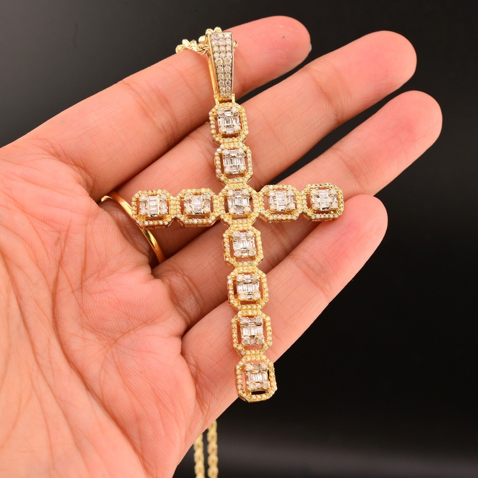 10k Yellow Gold 3.5CTW Natural Round & Baguette Diamond Cross Pendant 7.7g Charm - Elite Jewelers - Charms & Pendants