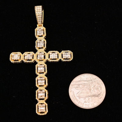 10k Yellow Gold 3.5CTW Natural Round & Baguette Diamond Cross Pendant 7.7g Charm - Elite Jewelers - Charms & Pendants