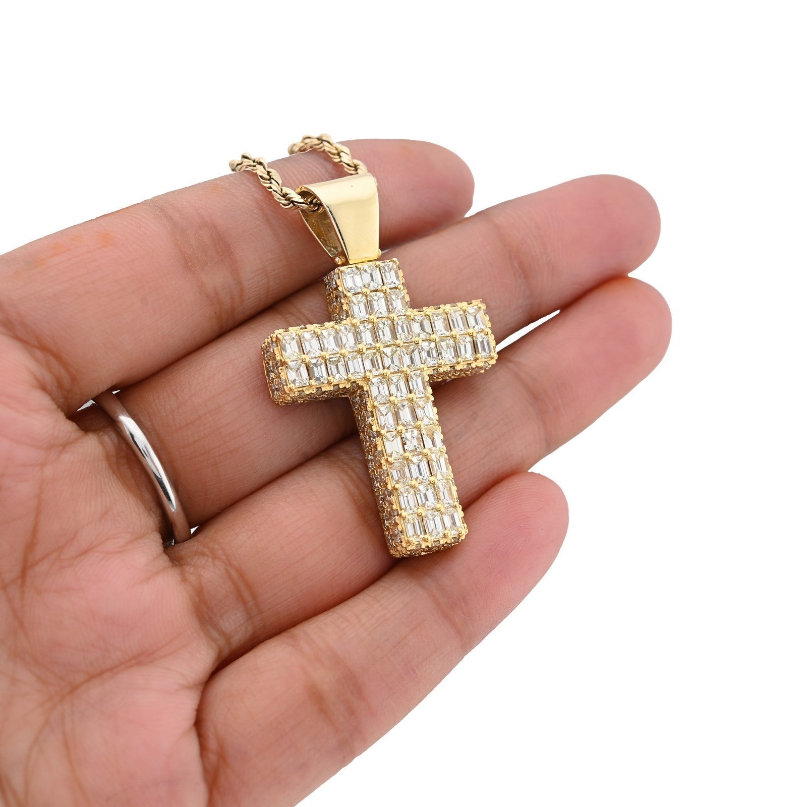 10k Yellow Gold 3.5CTW Natural Round/Baguette Diamond Cross Pendant 12.3g Charm - Elite Jewelers - Charms & Pendants