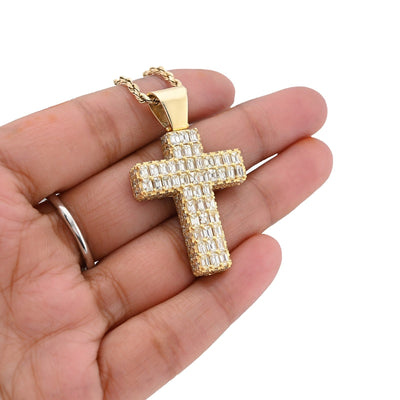 10k Yellow Gold 3.5CTW Natural Round/Baguette Diamond Cross Pendant 12.3g Charm - Elite Jewelers - Charms & Pendants