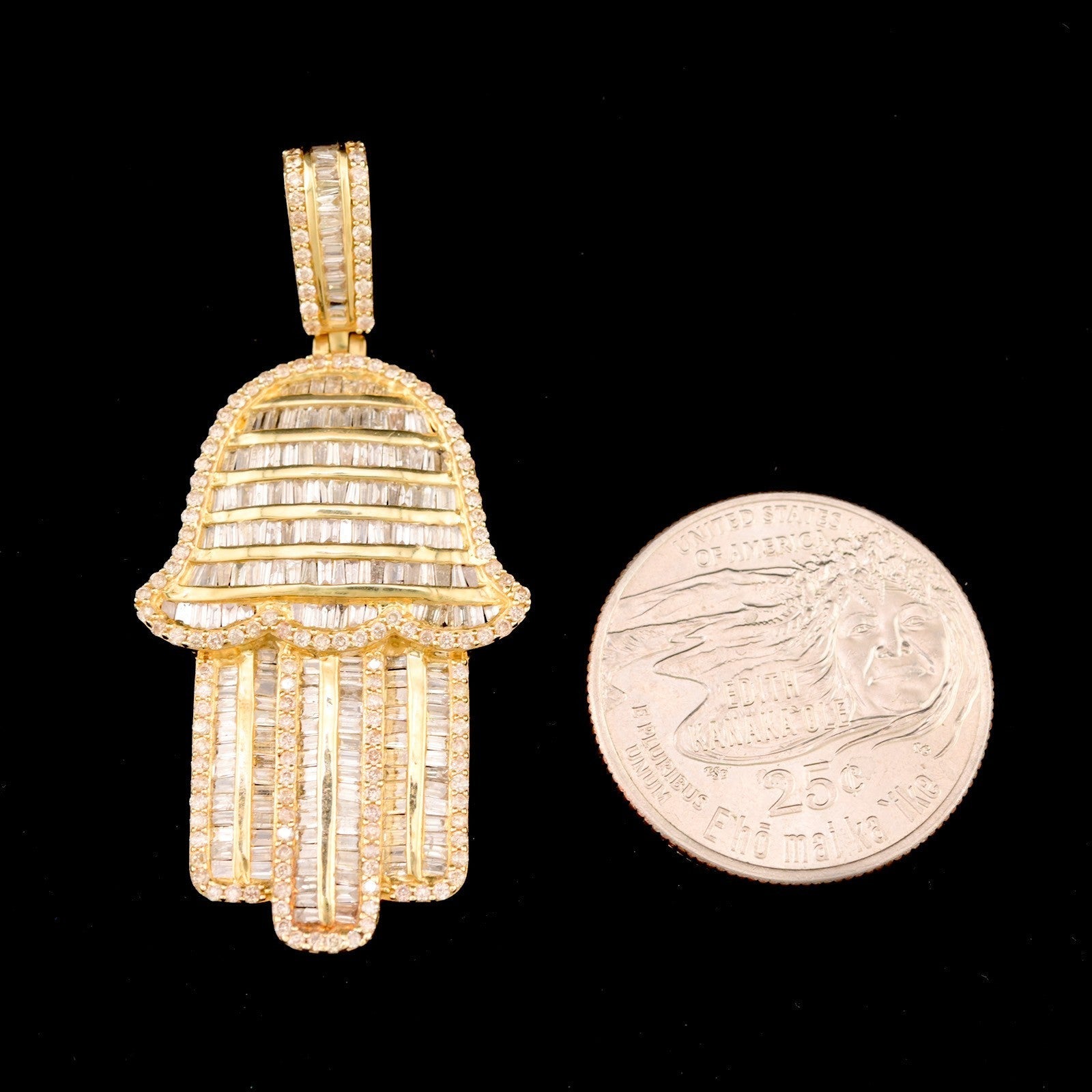 10k Yellow Gold 3.5CTW Natural Round/Baguette Diamond ICY Hamsa Pendant 8g Charm - Elite Jewelers - Charms & Pendants
