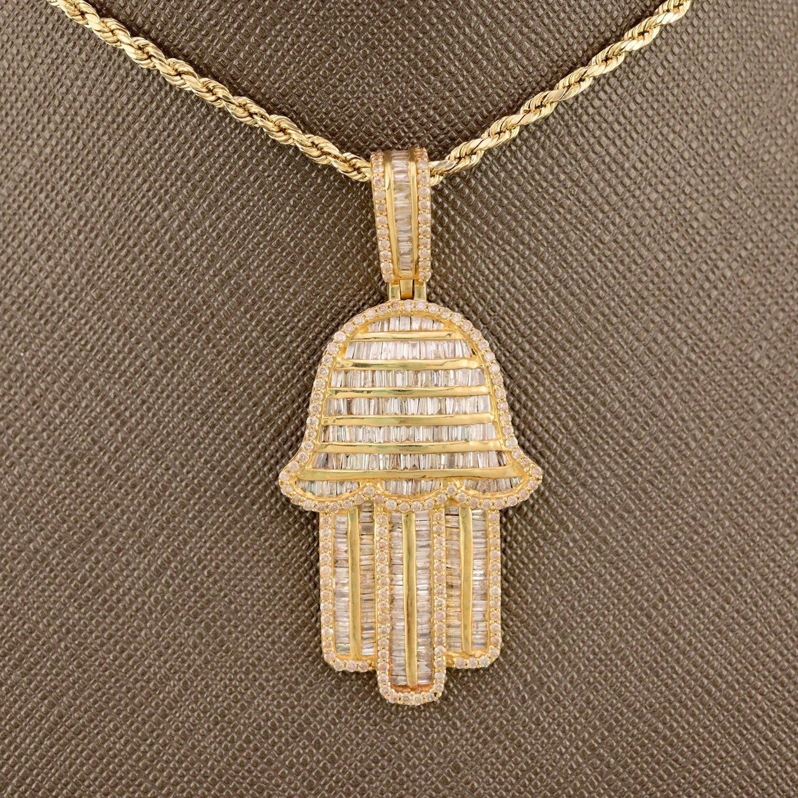 10k Yellow Gold 3.5CTW Natural Round/Baguette Diamond ICY Hamsa Pendant 8g Charm - Elite Jewelers - Charms & Pendants