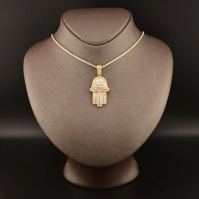 10k Yellow Gold 3.5CTW Natural Round/Baguette Diamond ICY Hamsa Pendant 8g Charm - Elite Jewelers - Charms & Pendants