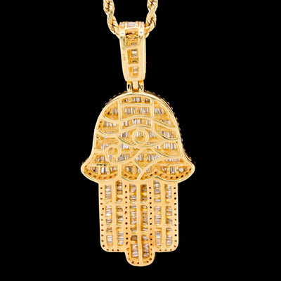 10k Yellow Gold 3.5CTW Natural Round/Baguette Diamond ICY Hamsa Pendant 8g Charm - Elite Jewelers - Charms & Pendants