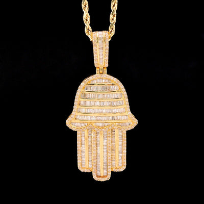 10k Yellow Gold 3.5CTW Natural Round/Baguette Diamond ICY Hamsa Pendant 8g Charm - Elite Jewelers - Charms & Pendants