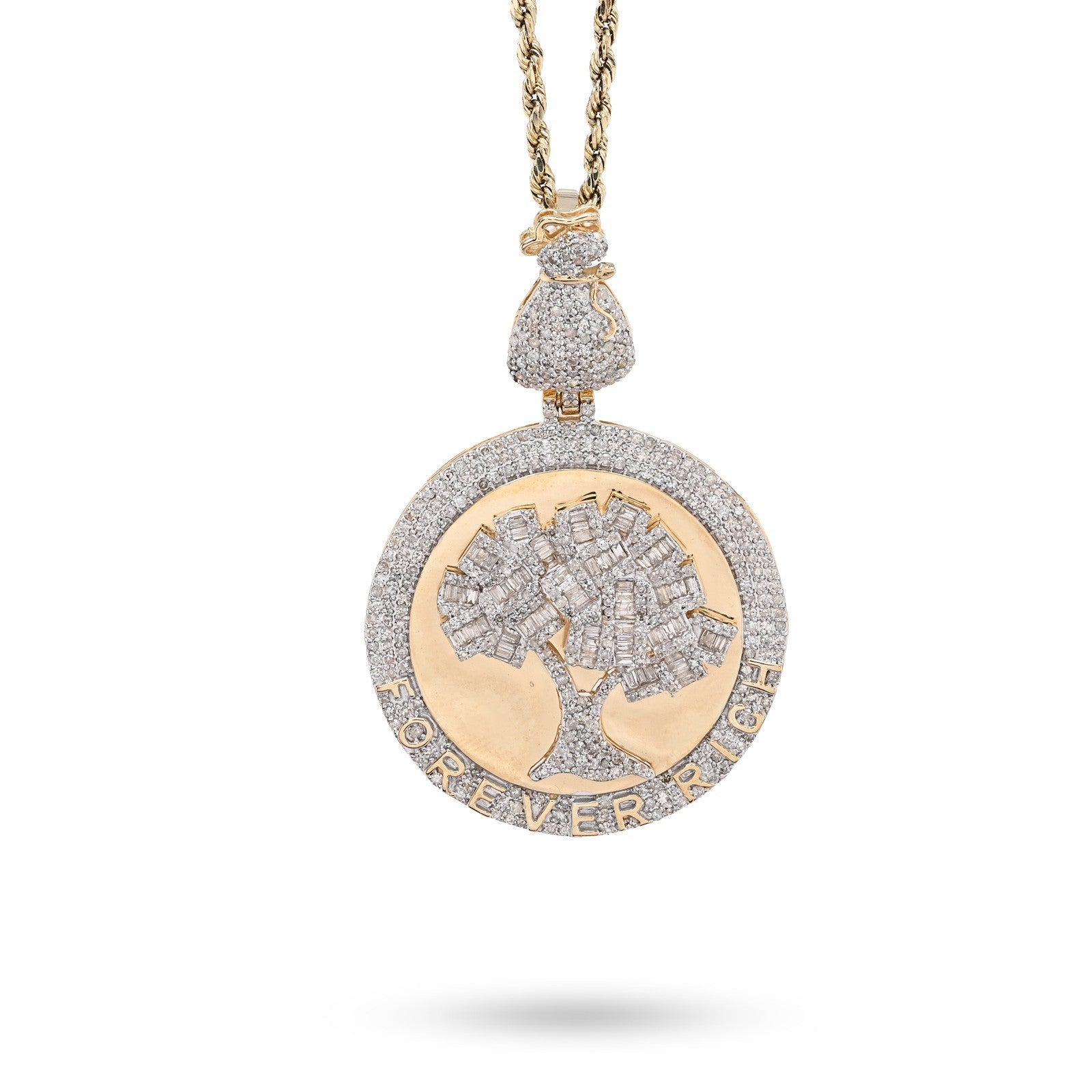 10k Yellow Gold 3.5CTW Round/Baguette Diamond "Forever Rich" Tree Pendant 15.4gm - Elite Jewelers - Charms & Pendants