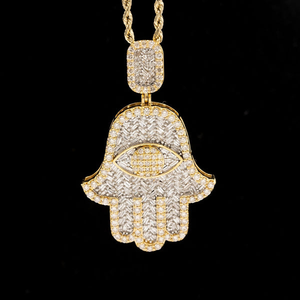 10k Yellow Gold 3.6CTW Round & Baguette Diamond Hamsa Hand Pendant 13.9g Charm - Elite Jewelers - Charms & Pendants