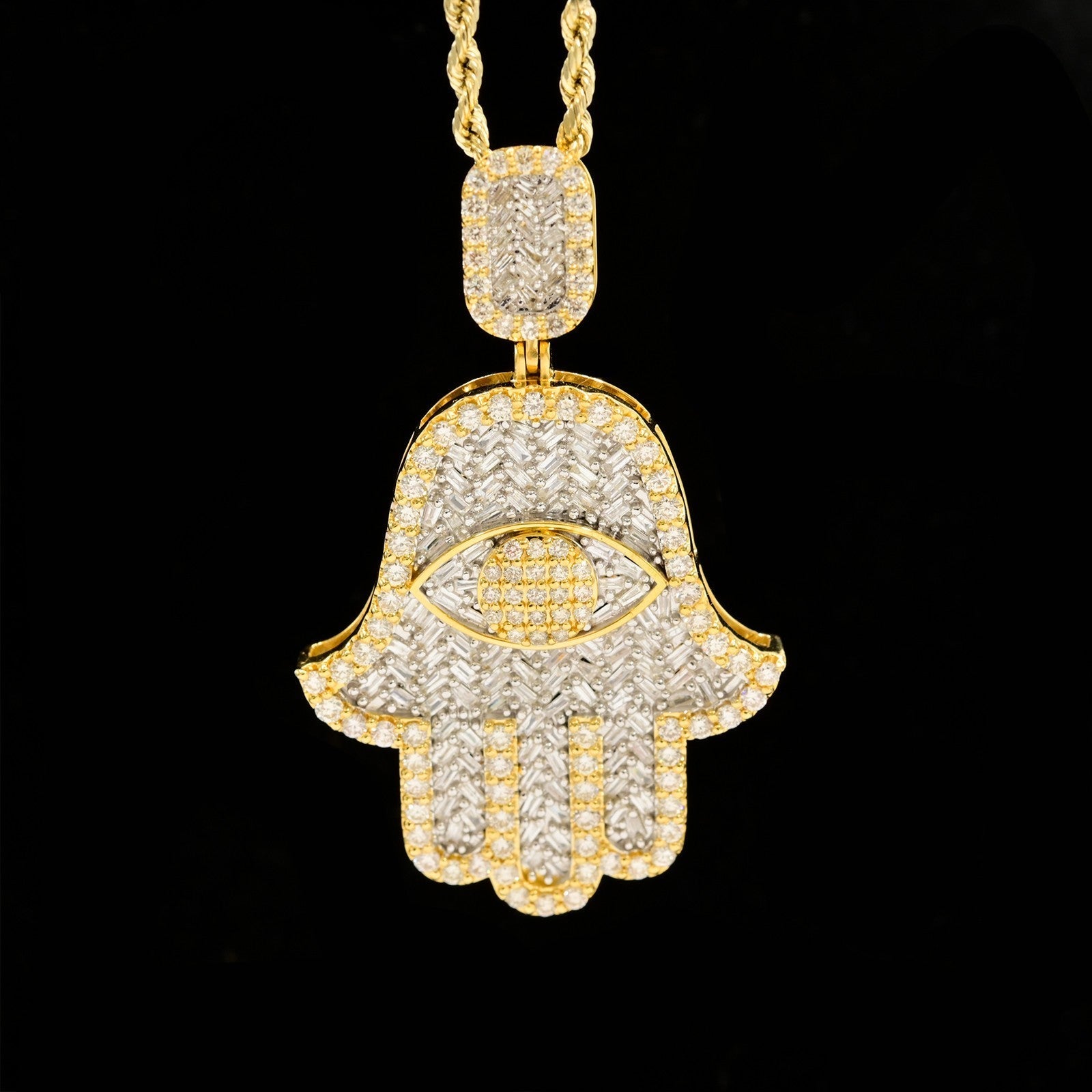 10k Yellow Gold 3.6CTW Round & Baguette Diamond Hamsa Hand Pendant 13.9g Charm - Elite Jewelers - Charms & Pendants