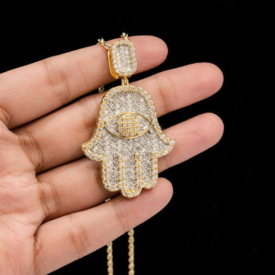 10k Yellow Gold 3.6CTW Round & Baguette Diamond Hamsa Hand Pendant 13.9g Charm - Elite Jewelers - Charms & Pendants
