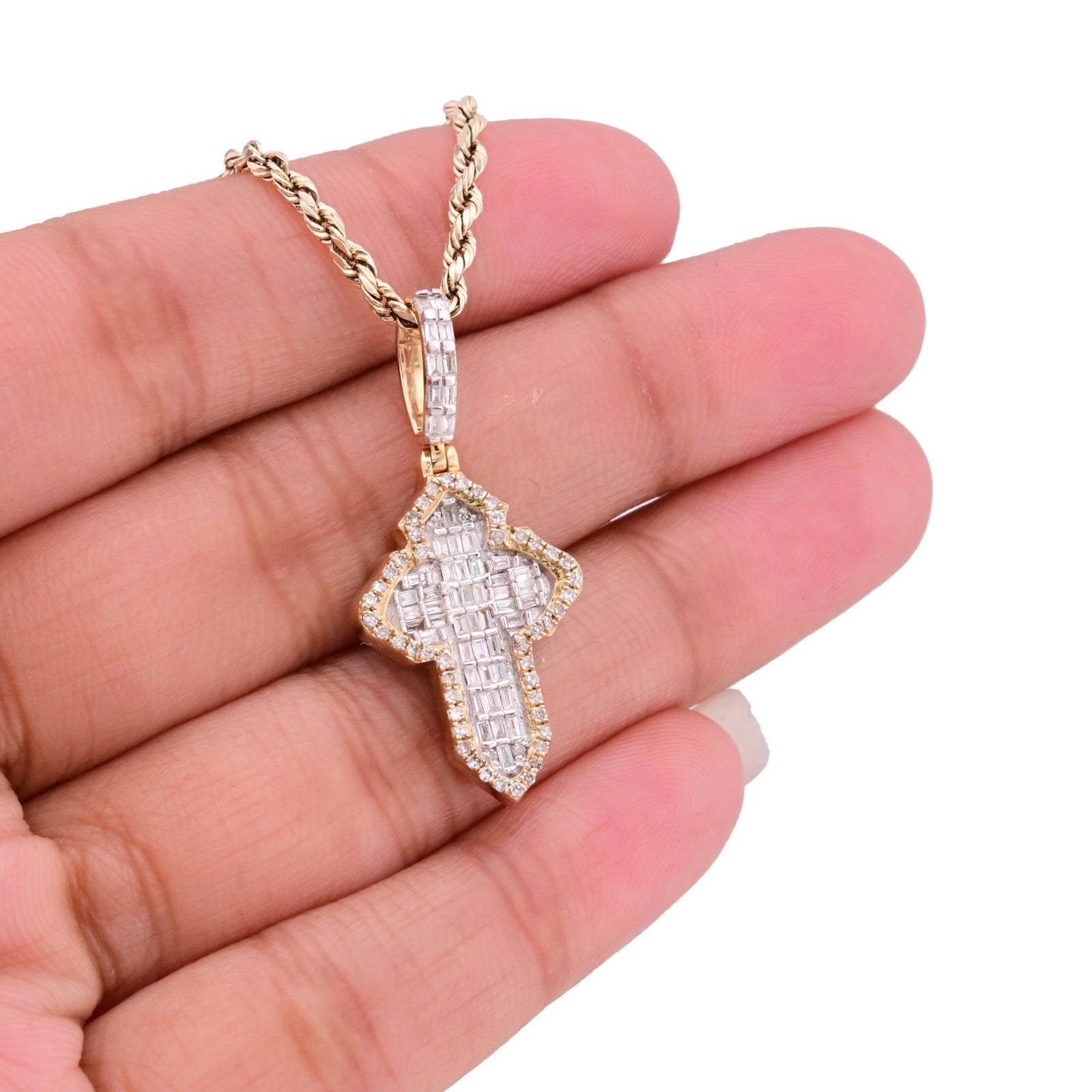 10k Yellow Gold 3.6gm 0.53CTW Natural Round/Baguette Diamond Cross Pendant Charm - Elite Jewelers - Charms & Pendants