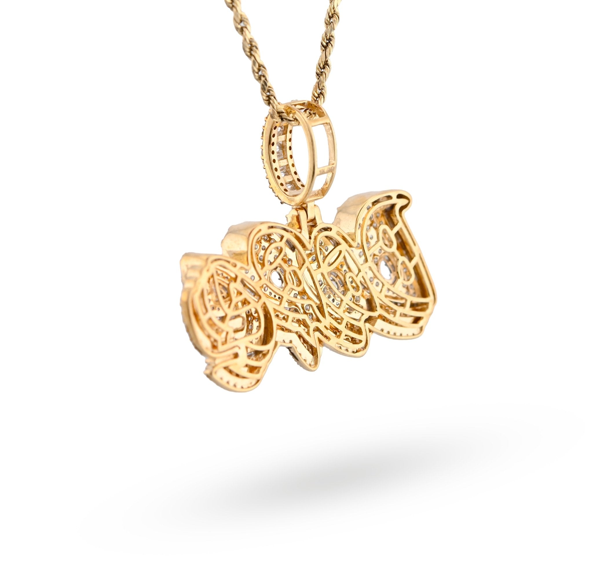 10K Yellow Gold 3.75CT "DOPE" Custom Natural Diamond Round/Baguette Pendant 1.9" Charm - Elite Jewelers - Charms & Pendants