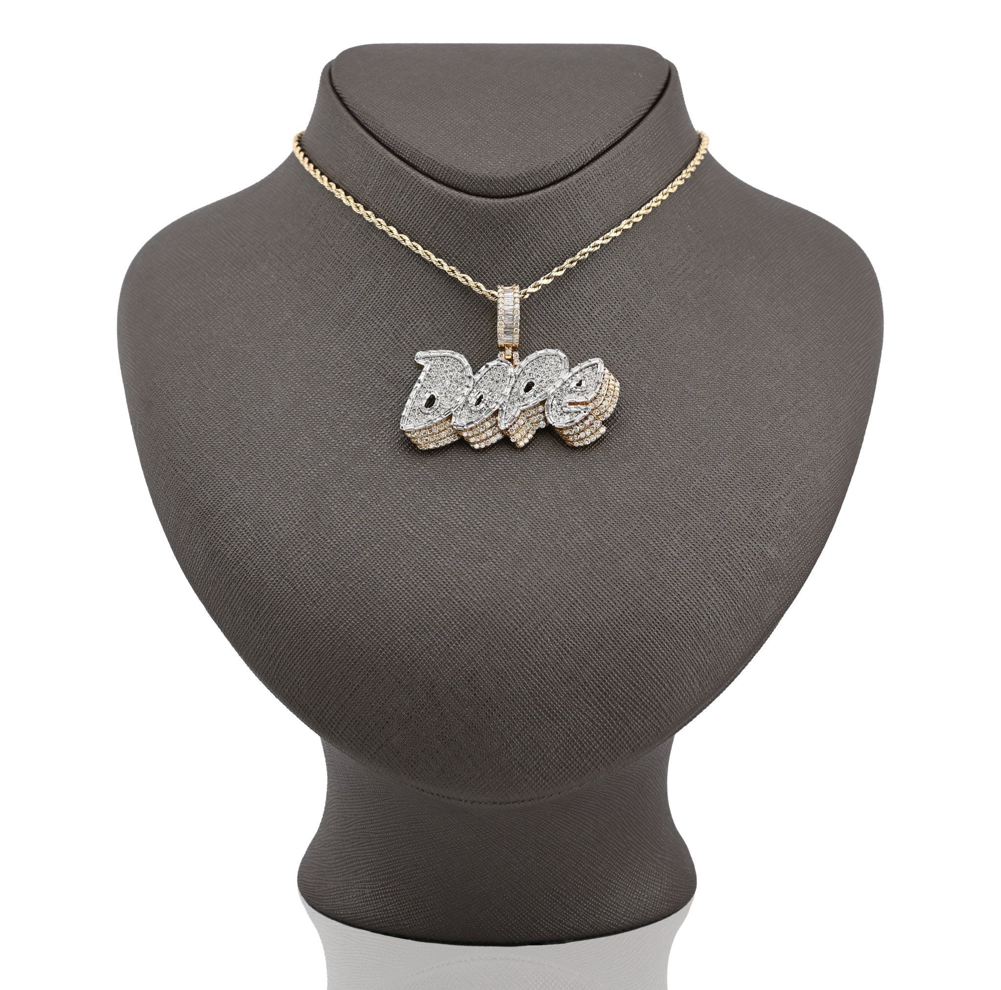 10K Yellow Gold 3.75CT "DOPE" Custom Natural Diamond Round/Baguette Pendant 1.9" Charm - Elite Jewelers - Charms & Pendants