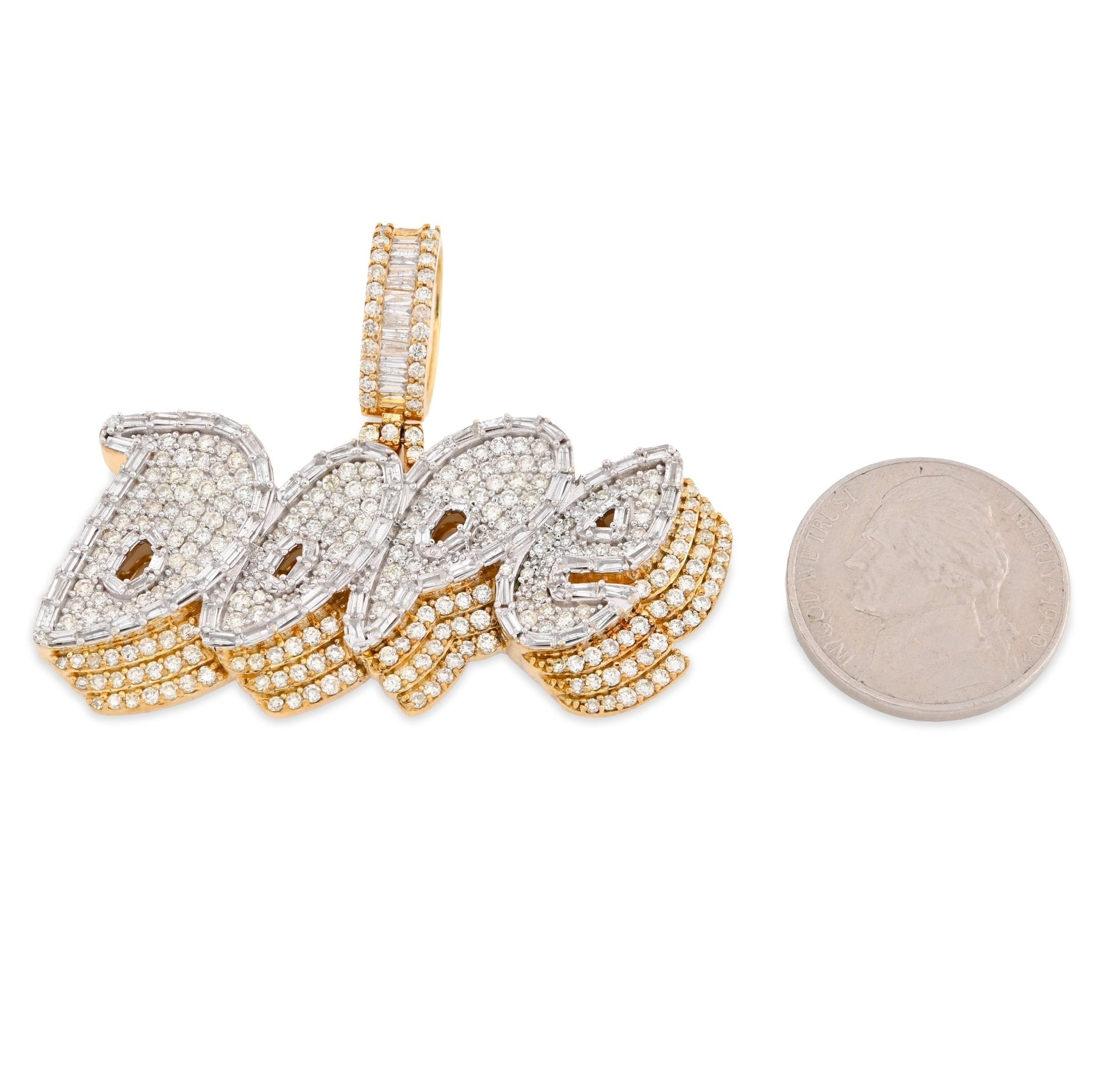 10K Yellow Gold 3.75CT "DOPE" Custom Natural Diamond Round/Baguette Pendant 1.9" Charm - Elite Jewelers - Charms & Pendants