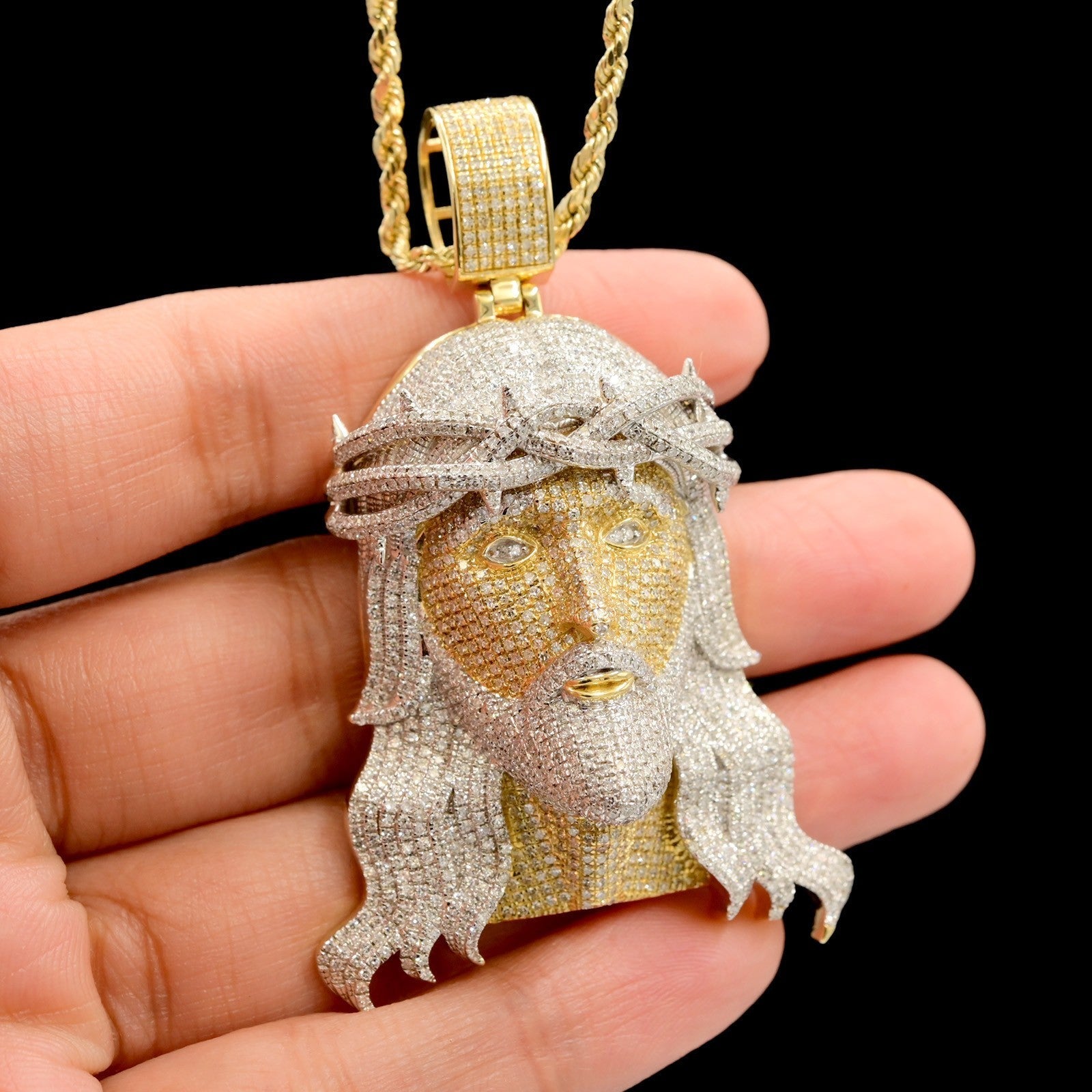 10k Yellow Gold 3.85CTW Natural Round Diamond Jesus Head Pendant 23.7g Charm - Elite Jewelers - Charms & Pendants