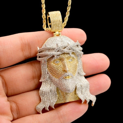 10k Yellow Gold 3.85CTW Natural Round Diamond Jesus Head Pendant 23.7g Charm - Elite Jewelers - Charms & Pendants