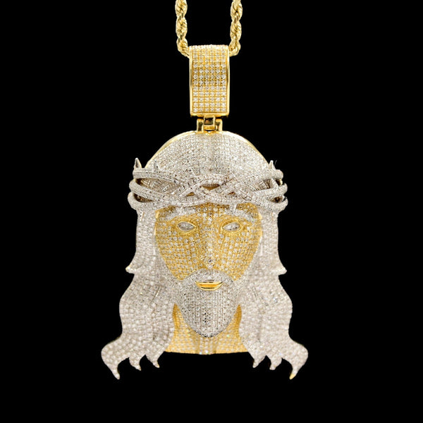 10k Yellow Gold 3.85CTW Natural Round Diamond Jesus Head Pendant 23.7g Charm - Elite Jewelers - Charms & Pendants