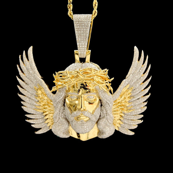 10k Yellow Gold 3.9CTW Natural Round Diamond Jesus w/ Wing Pendant 35g Charm - Elite Jewelers - Charms & Pendants
