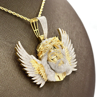 10k Yellow Gold 3.9CTW Natural Round Diamond Jesus w/ Wing Pendant 35g Charm - Elite Jewelers - Charms & Pendants