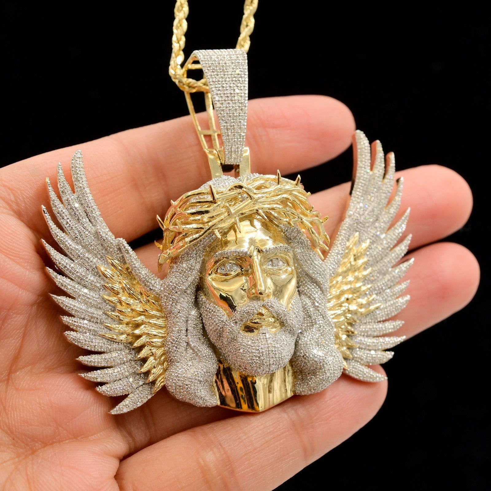 10k Yellow Gold 3.9CTW Natural Round Diamond Jesus w/ Wing Pendant 35g Charm - Elite Jewelers - Charms & Pendants