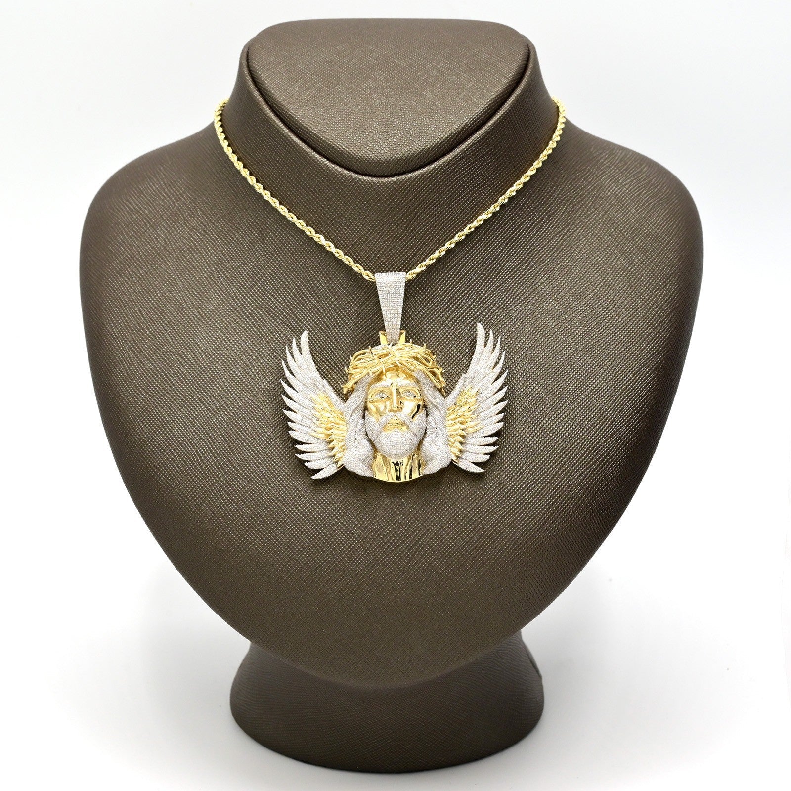 10k Yellow Gold 3.9CTW Natural Round Diamond Jesus w/ Wing Pendant 35g Charm - Elite Jewelers - Charms & Pendants