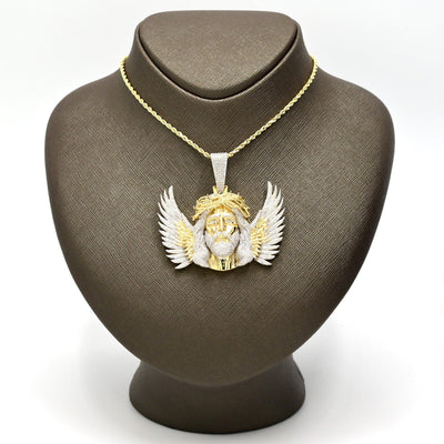 10k Yellow Gold 3.9CTW Natural Round Diamond Jesus w/ Wing Pendant 35g Charm - Elite Jewelers - Charms & Pendants