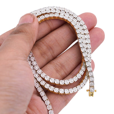 10K Yellow Gold 3CT Natural Diamond 3MM Illusion Tennis Chain 20" Men Women Necklace - Elite Jewelers-Necklaces