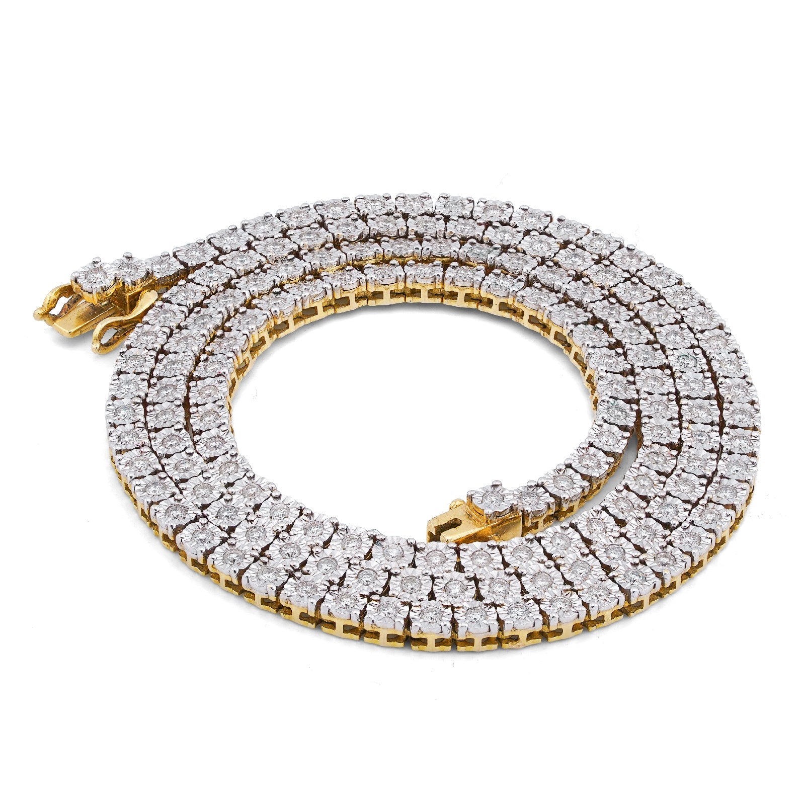 10K Yellow Gold 3CT Natural Diamond 3MM Illusion Tennis Chain 20" Men Women Necklace - Elite Jewelers-Necklaces
