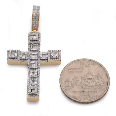 10K Yellow Gold 3CT Natural Diamond Baguette Cross Pendant Men Women Charm - Elite Jewelers-Charms & Pendants