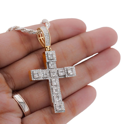 10K Yellow Gold 3CT Natural Diamond Baguette Cross Pendant Men Women Charm - Elite Jewelers-Charms & Pendants