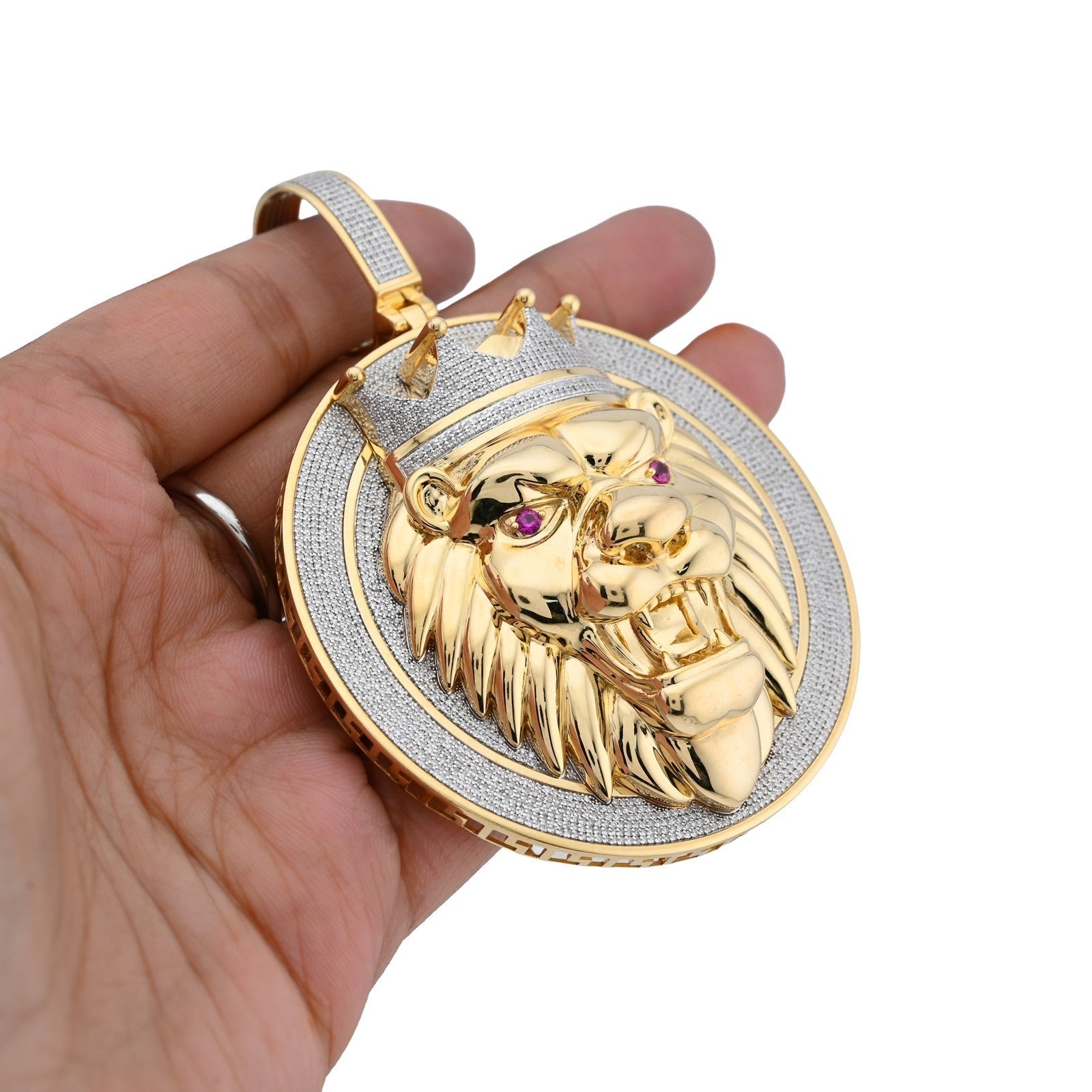 10k Yellow Gold 3CTW Natural Diamond Crown Lion Head Pendant 43.6gms Mens Charm - Elite Jewelers - Charms & Pendants