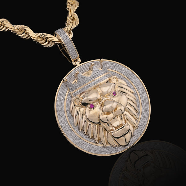 10k Yellow Gold 3CTW Natural Diamond Crown Lion Head Pendant 43.6gms Mens Charm - Elite Jewelers - Charms & Pendants