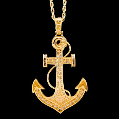 10k Yellow Gold 3CTW Natural Round/Baguette Diamond Anchor Charm Pendant 11gms - Elite Jewelers - Charms & Pendants