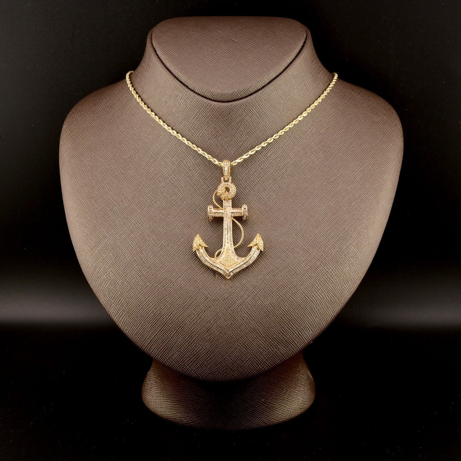 10k Yellow Gold 3CTW Natural Round/Baguette Diamond Anchor Charm Pendant 11gms - Elite Jewelers - Charms & Pendants