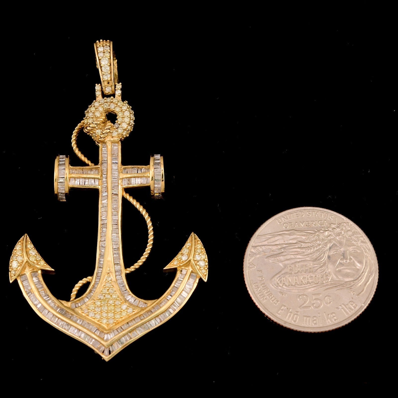 10k Yellow Gold 3CTW Natural Round/Baguette Diamond Anchor Charm Pendant 11gms - Elite Jewelers - Charms & Pendants