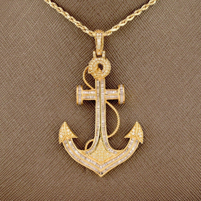 10k Yellow Gold 3CTW Natural Round/Baguette Diamond Anchor Charm Pendant 11gms - Elite Jewelers - Charms & Pendants