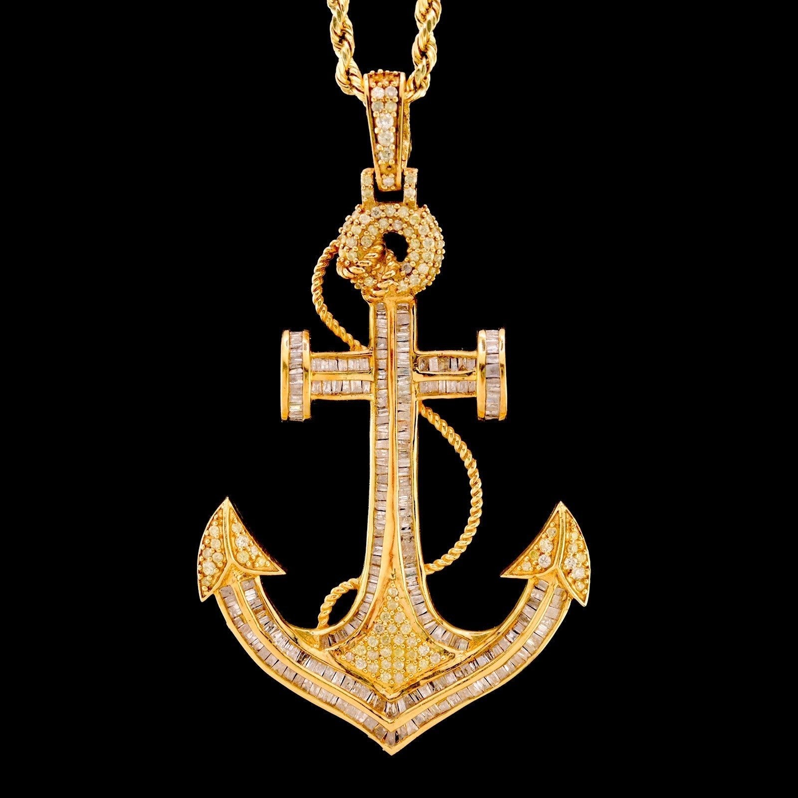 10k Yellow Gold 3CTW Natural Round/Baguette Diamond Anchor Charm Pendant 11gms - Elite Jewelers - Charms & Pendants