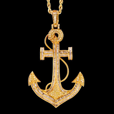 10k Yellow Gold 3CTW Natural Round/Baguette Diamond Anchor Charm Pendant 11gms - Elite Jewelers - Charms & Pendants