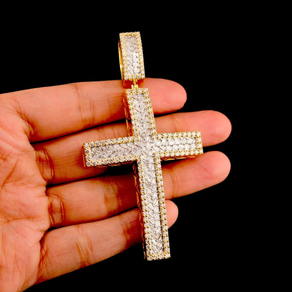 10k Yellow Gold 4.3CTW Round/Baguette Diamond Zig Zag Cross Pendant 18.2g Charm - Elite Jewelers - Charms & Pendants
